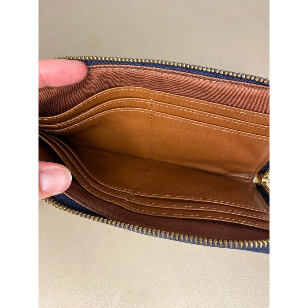 Fossil Sydney Signature Zip Around Clutch Wallet Blue Geometric Wristlet Strap